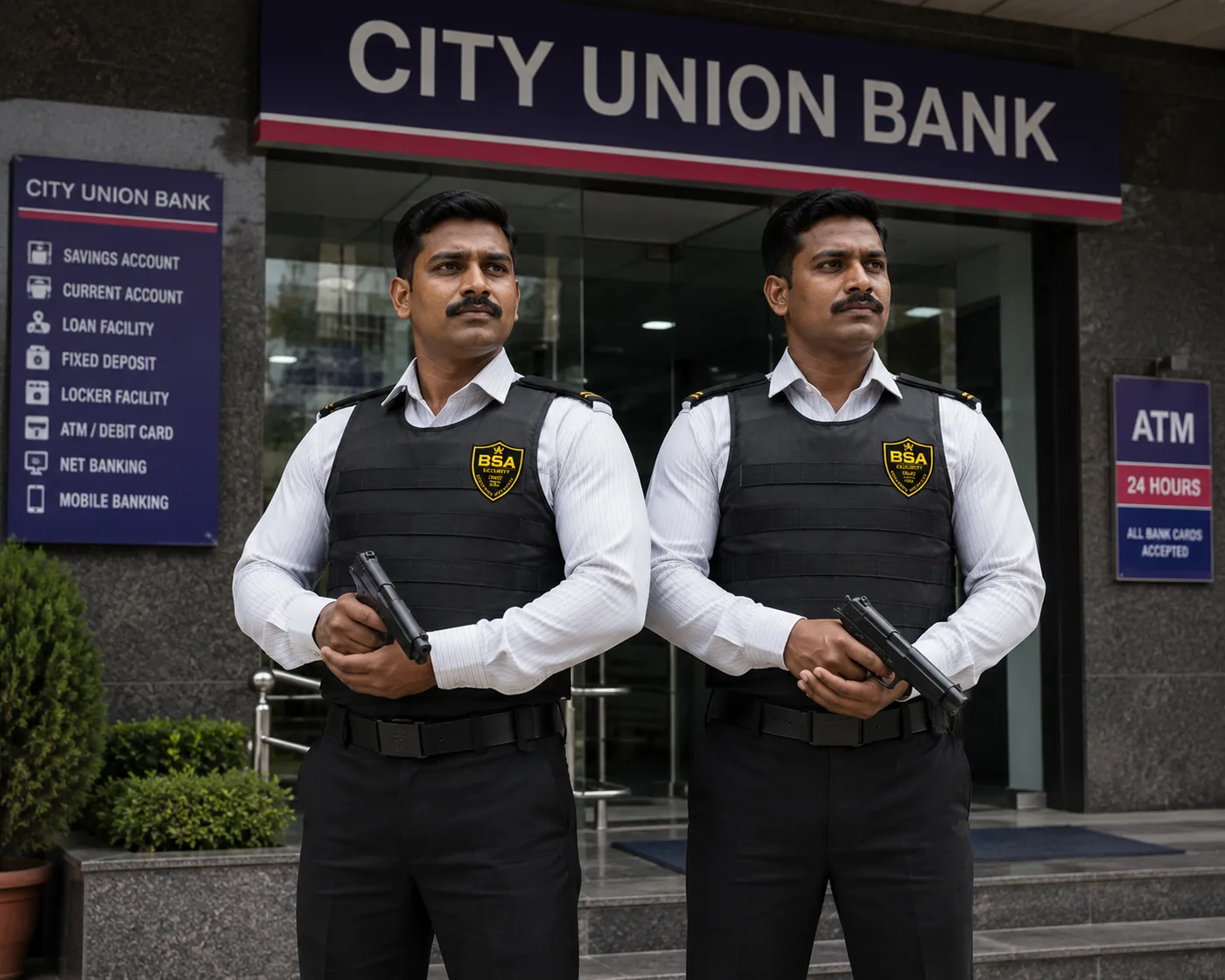 Two armed BSA security guards stationed outside a City Union Bank branch