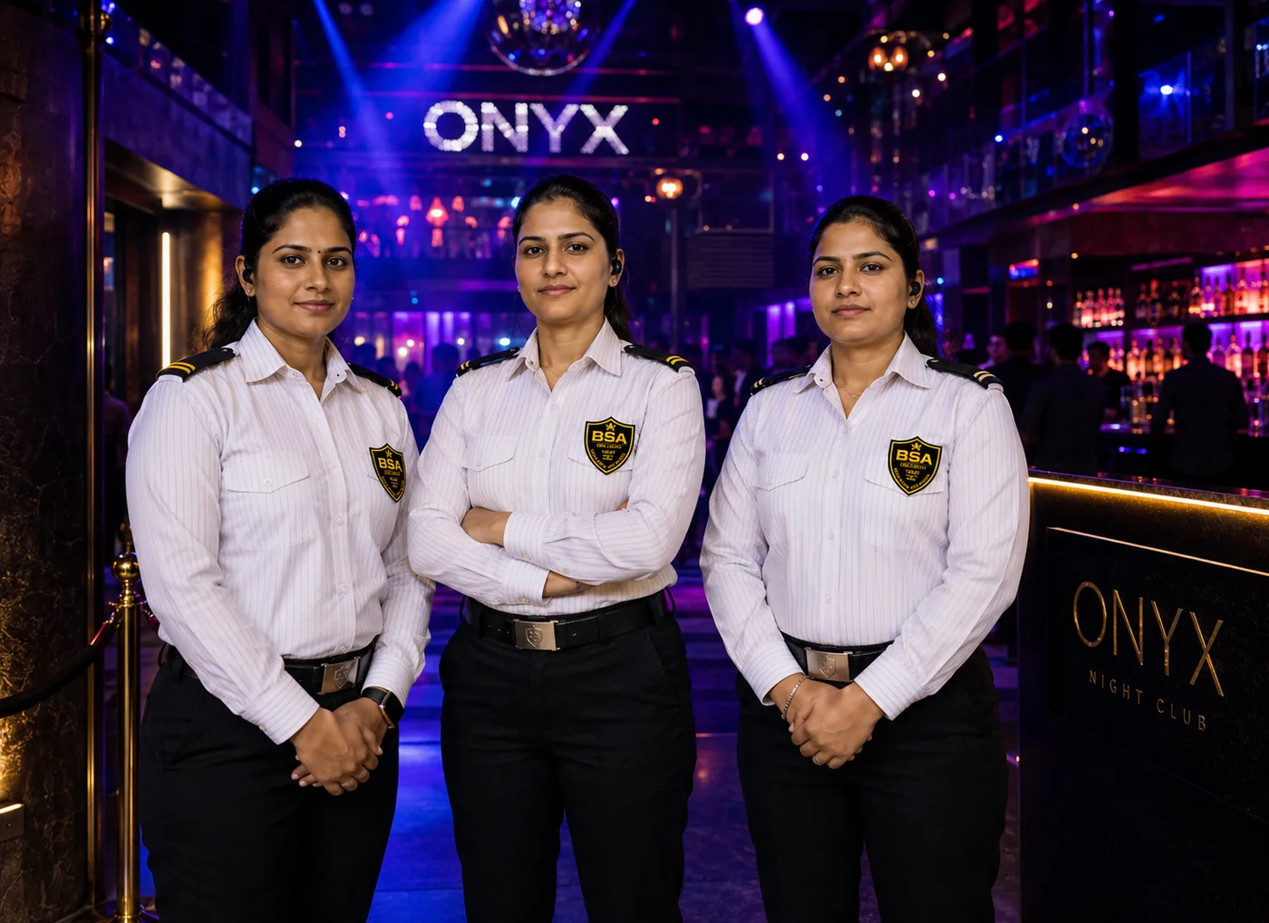 Three BSA lady guards on duty at the entrance of Onyx nightclub