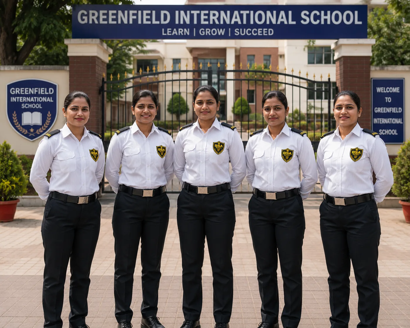 Five BSA lady guards stationed at the gate of Greenfield International School