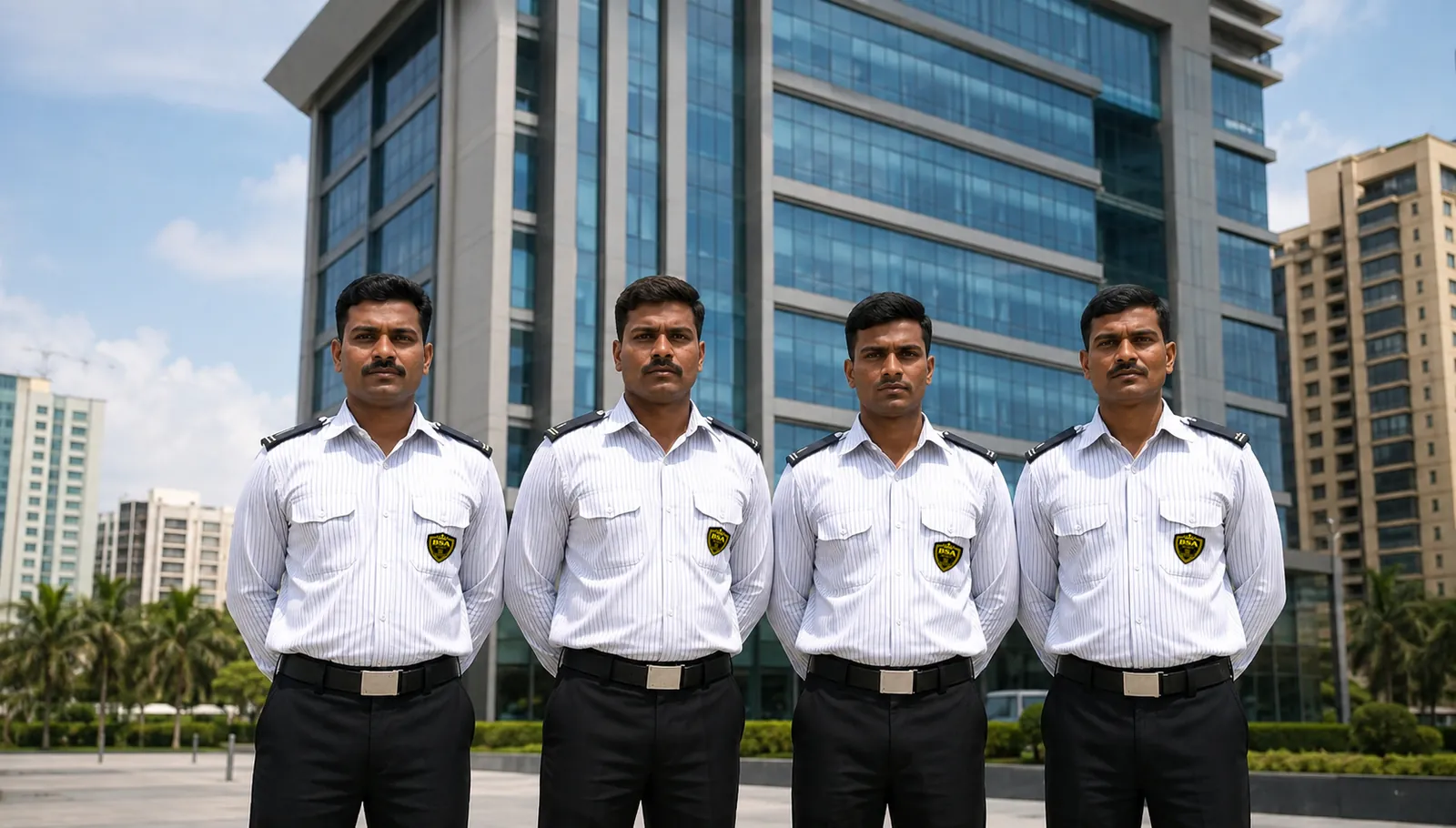BSA security officers standing guard outside a corporate building