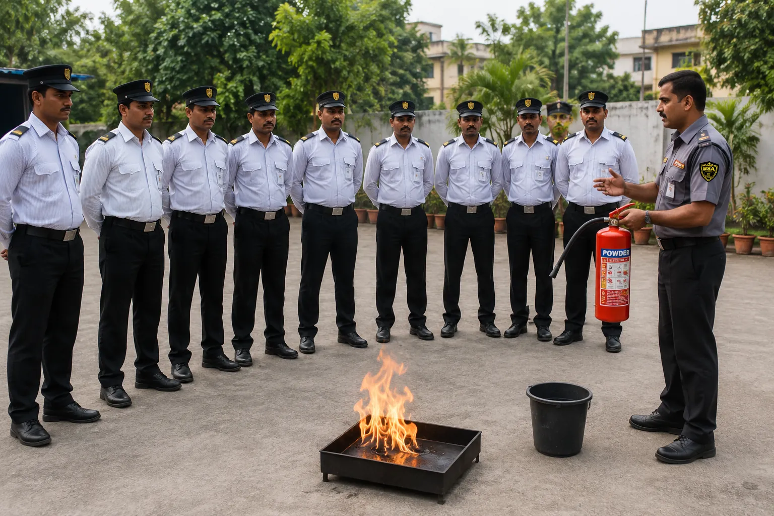 BSA officer demonstrating fire extinguisher use to a line of trainee guards